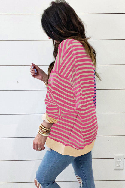 Pink Stripe Colorblock Drop Shoulder Oversize Sweatshirt