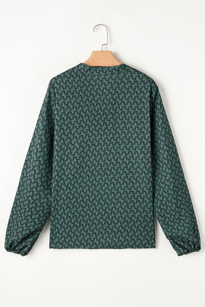 Khaki Geometric Print Notched Neck Puff Sleeve Blouse