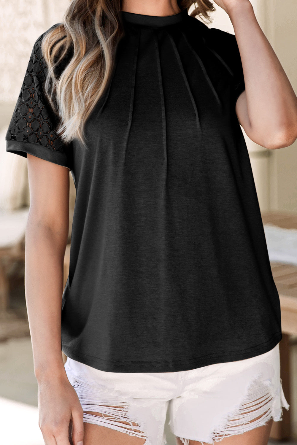 Black Seamed Detail Contrast Lace Raglan Sleeve Tee