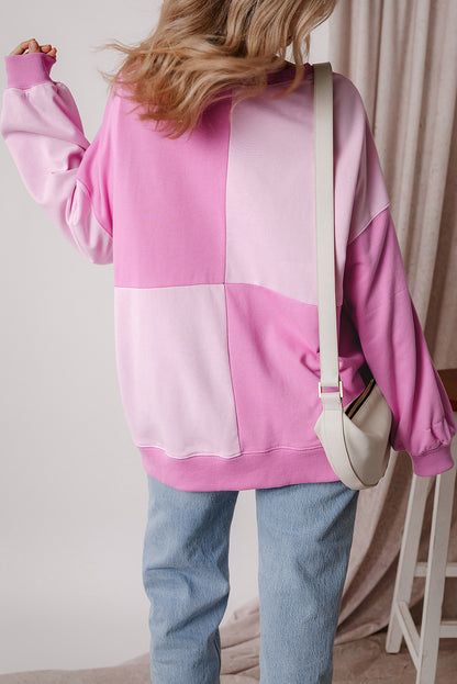 Pink Colorblock Henley High Low Oversize Sweatshirt