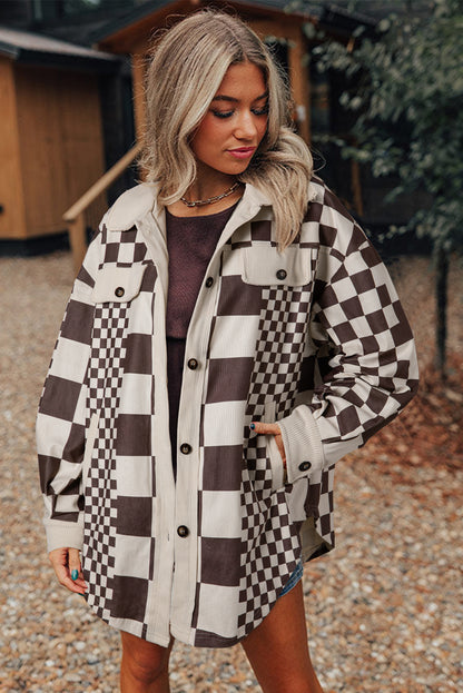 Brown Checkered Print Patchwork Corduroy Shacket