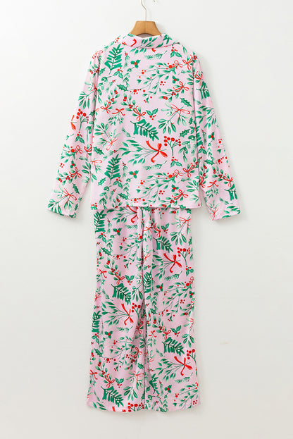 Pink Christmas Berries Plant Print Satin Long Sleeve Pajama Set