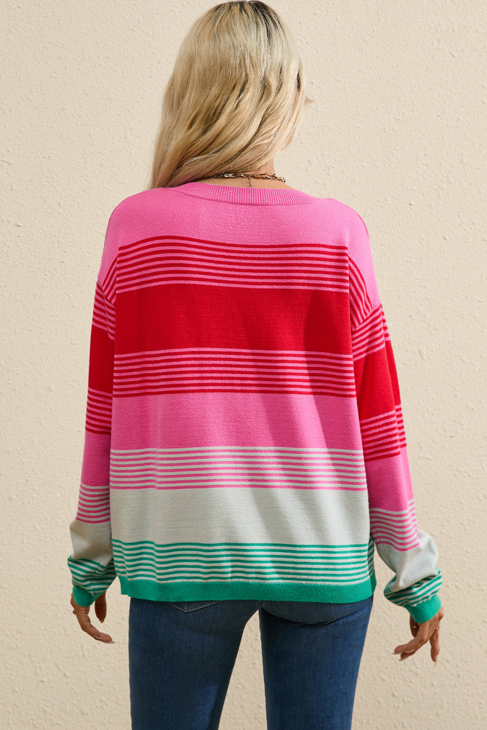 Rose Striped Knit Patch Pocket Drop Shoulder Sweater