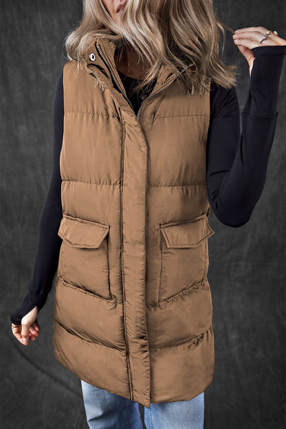 Coffee Windproof Longline Full Zipper Puffer Vest with Pockets