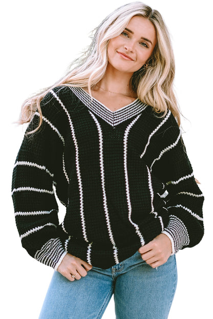 Black Colorblock Striped V Neck Knitted Loose Sweater