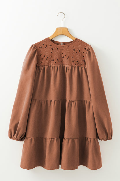 Chestnut Floral Lace Crochet Tiered Ruffled Mini Dress