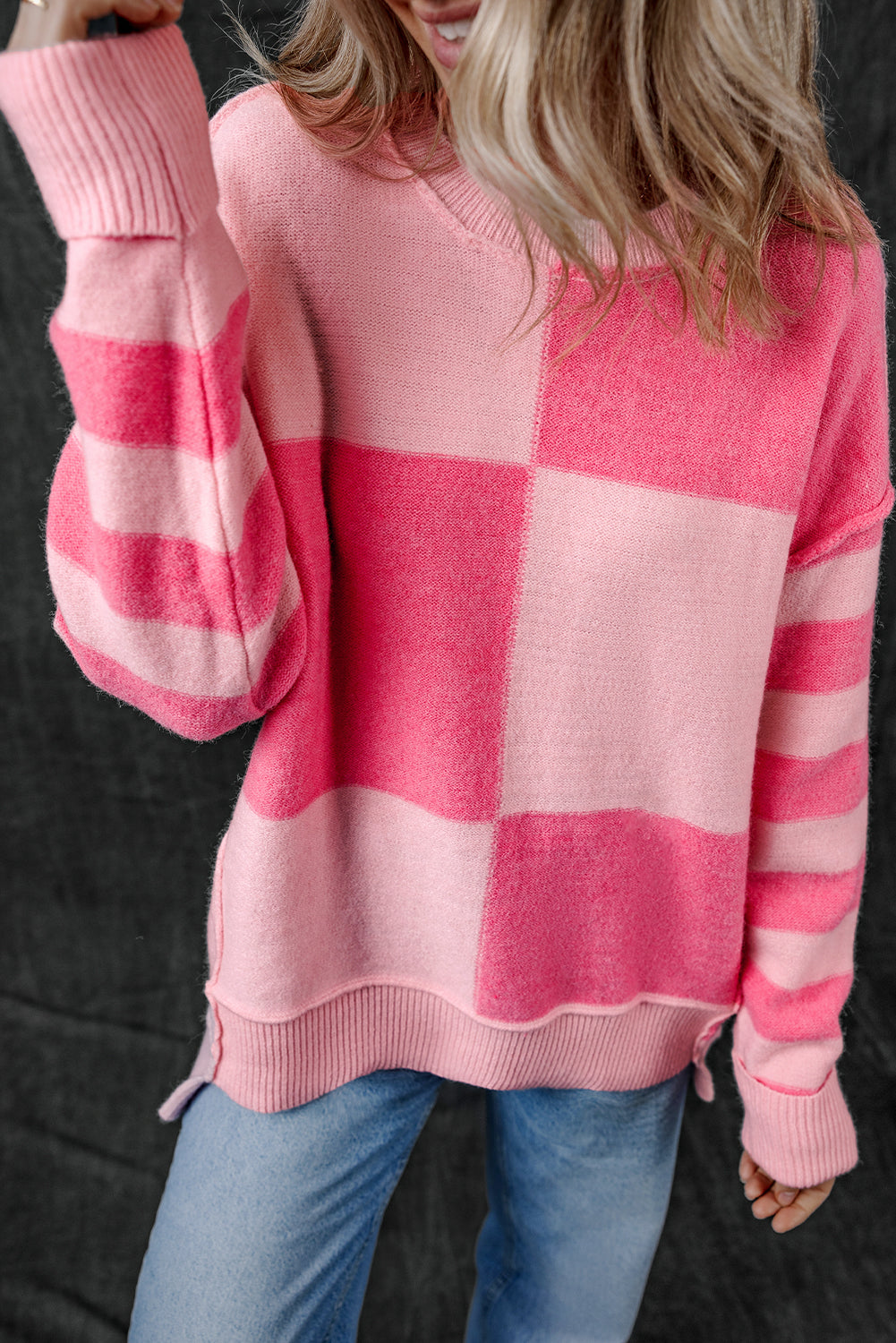 Pink Checkered Colorblock Striped High Low Loose Sweater