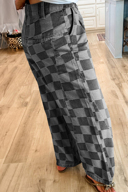 Dark Grey Checkered Denim Wide Leg Jeans