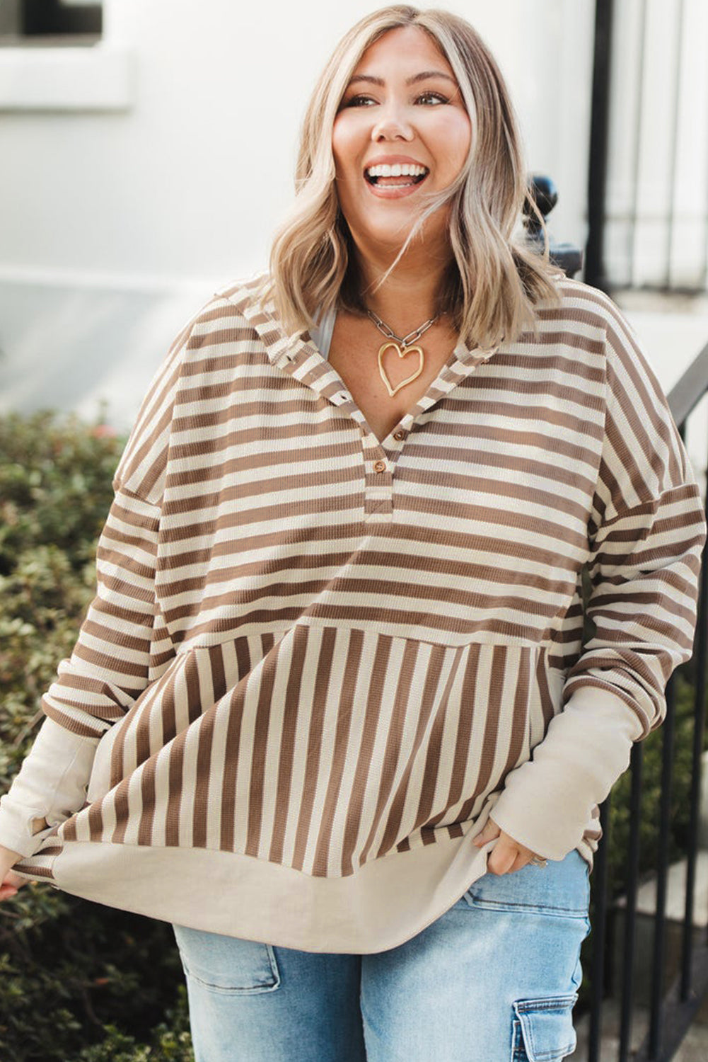 Brown Stripe Quarter Buttons Drop Sleeve Plus Size Hoodie