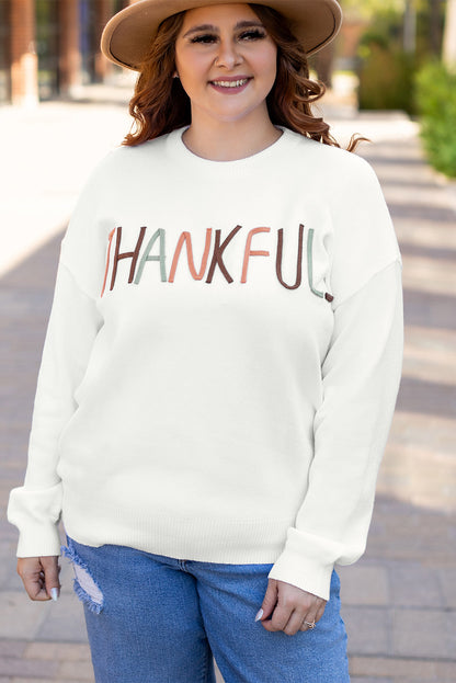 White Plus Size Thankful Ivory Embroidered Sweater