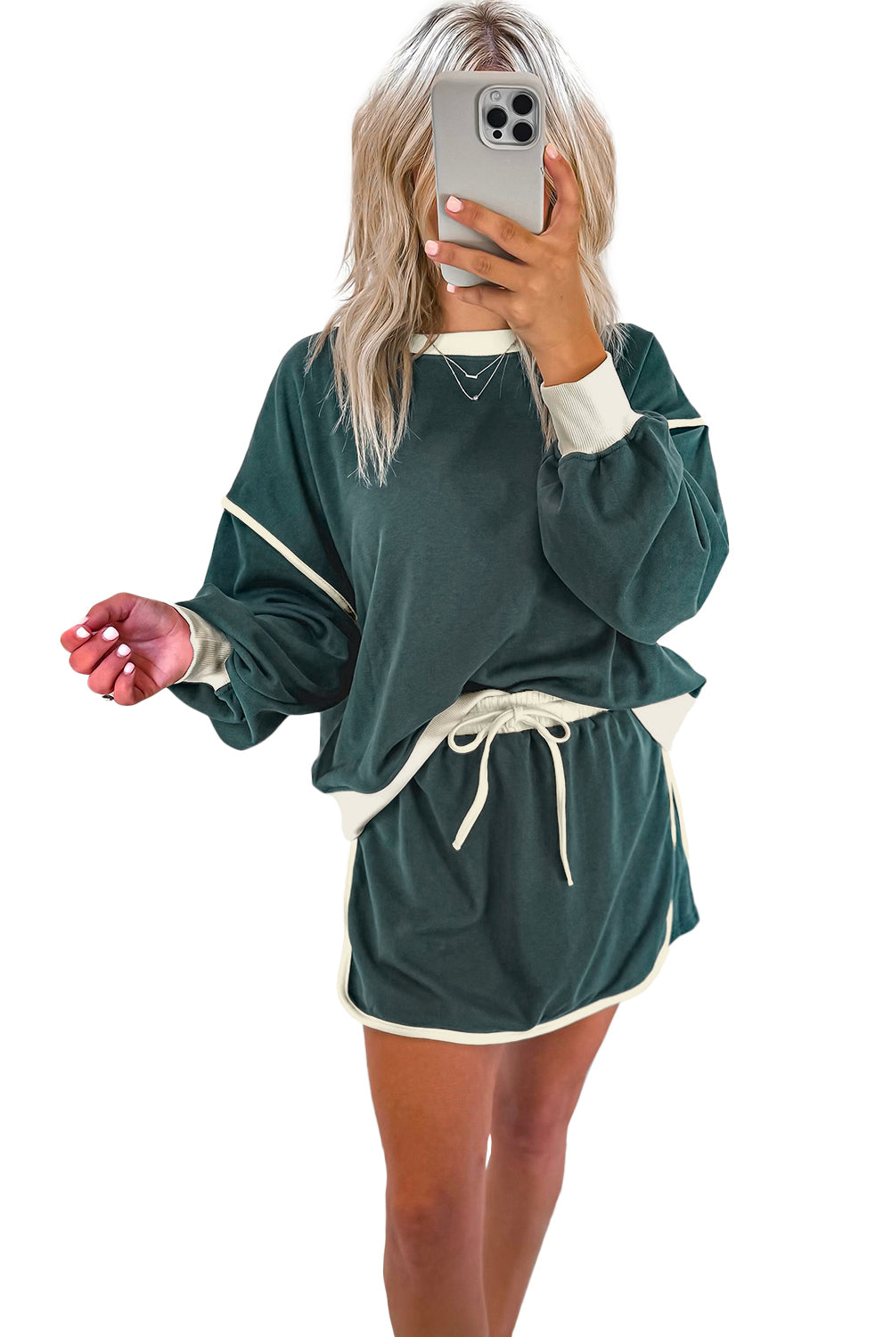 Coffee Color Contrast Loose Pullover and Lace-up Waist Skort Set