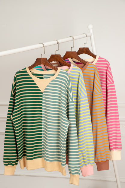 Green Stripe Colorblock Drop Shoulder Oversize Sweatshirt