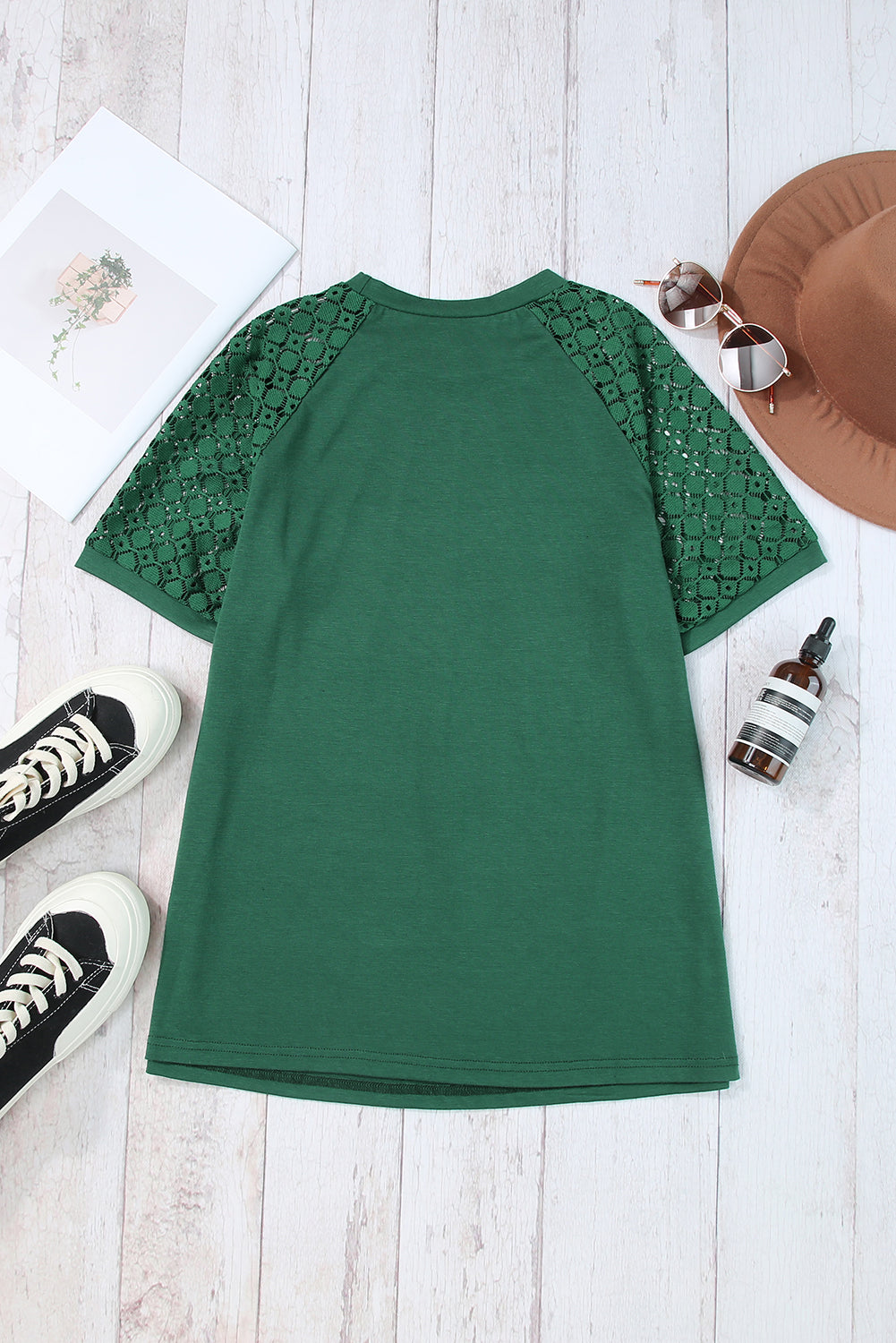 Blackish Green Seamed Detail Contrast Lace Raglan Sleeve Tee