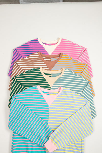 Green Stripe Colorblock Drop Shoulder Oversize Sweatshirt