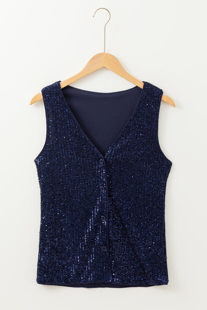 Dirty blue Sequined Deep V Neck Buttoned Tank Top