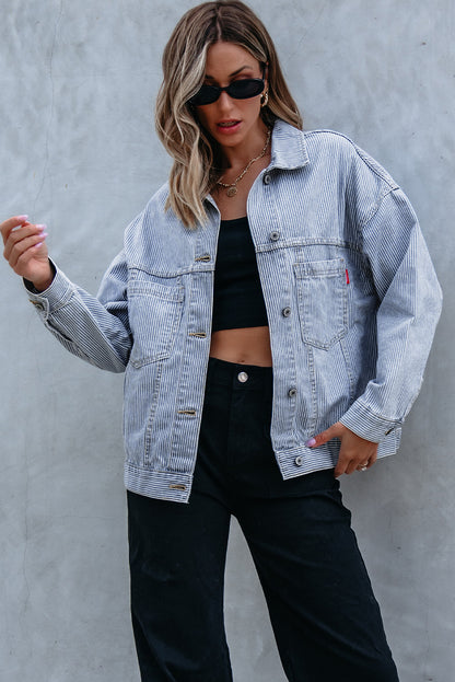 Sky Blue Stripe Washed Oversize Pocketed Denim Jacket