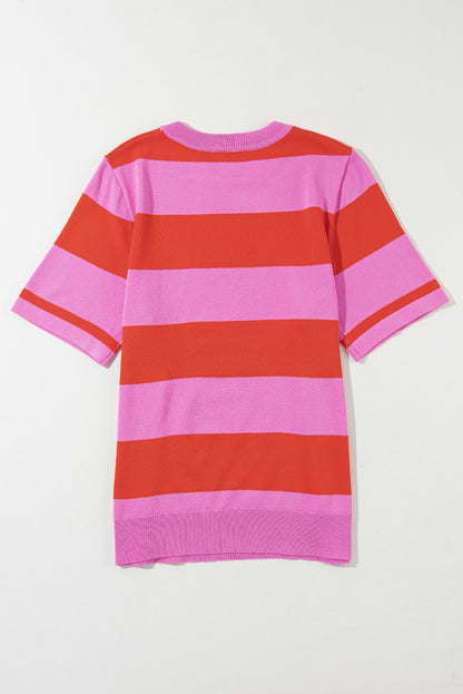 Bright Pink Colorblock Striped Knitted T shirt