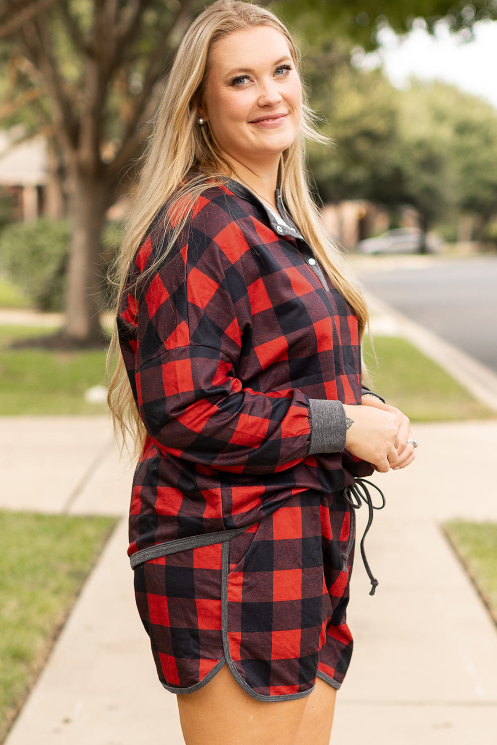 Fiery Red Christmas Buffalo Print Henley Top and Shorts Plus Size Set