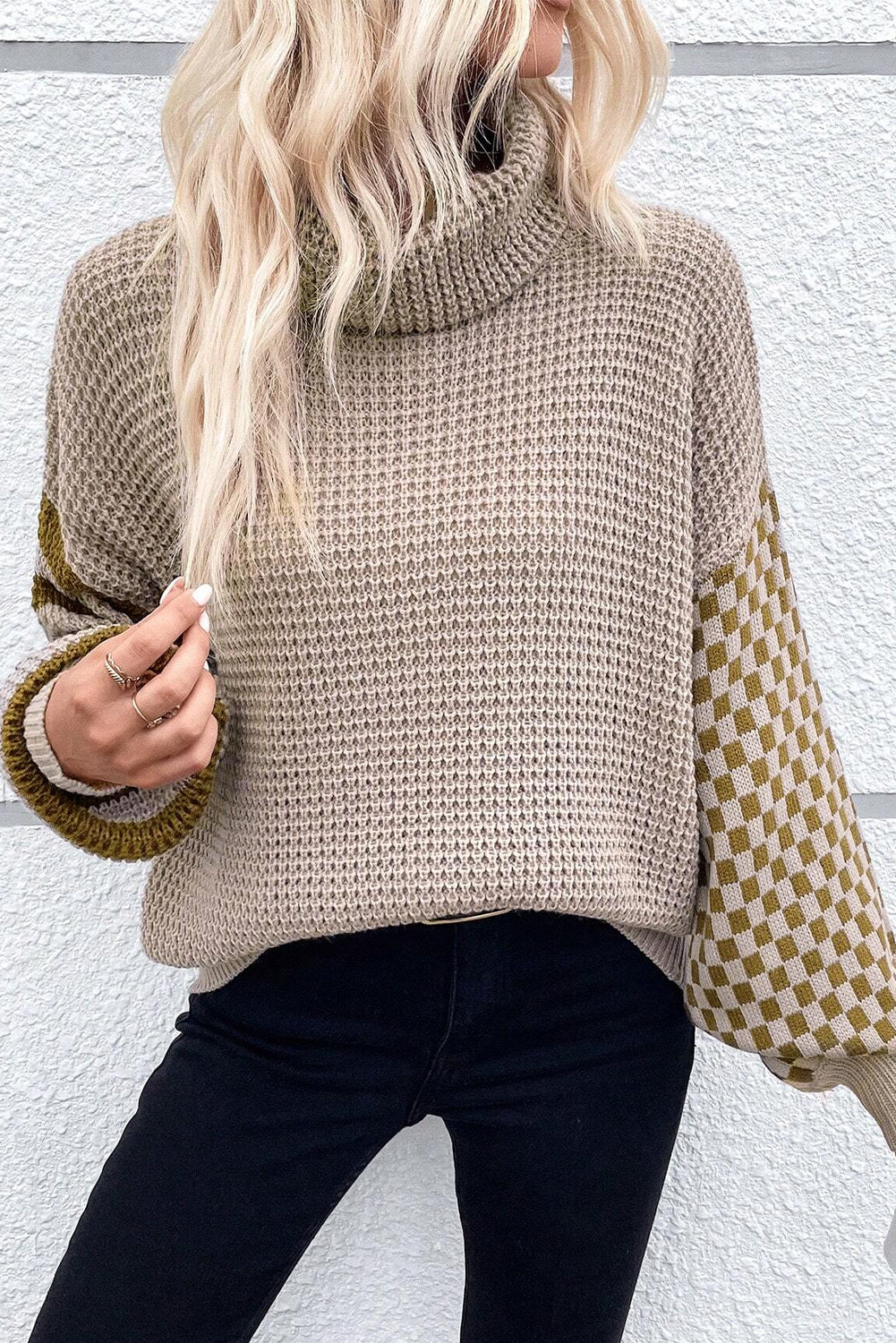 Smoke Gray Striped Plaid Patchwork Waffle Knit Turtleneck Sweater