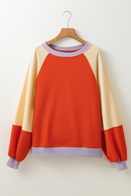 Orange Color Block Side Slits Raglan Sleeve Loose Fit Top