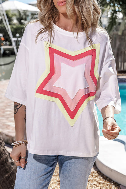 White Colorblock Star Patched Half Sleeve Oversized Tee