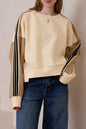 Beige Contrast Striped Patchwork Drop Shoulder Loose Sweatshirt