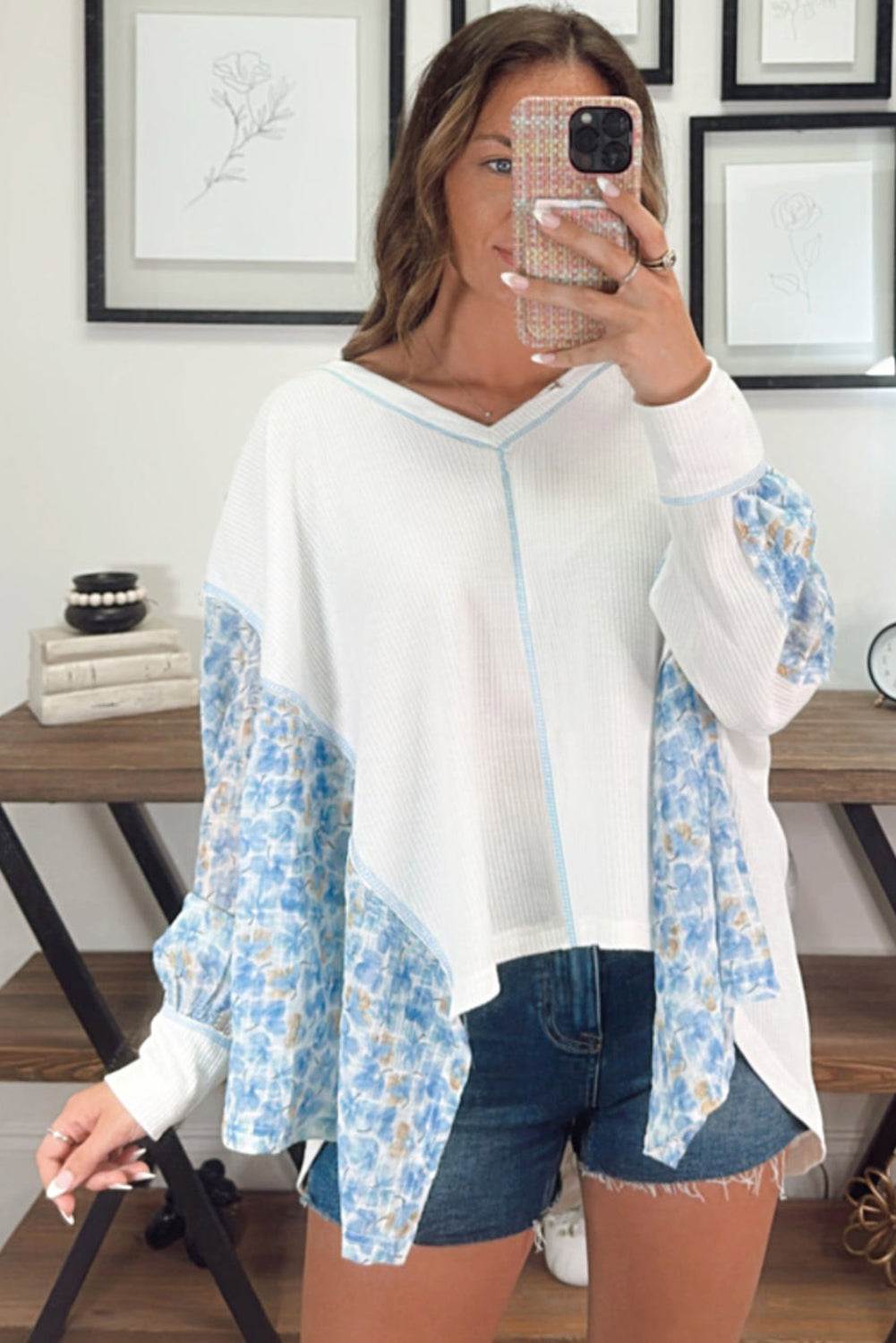 White Abstract Floral Patchwork Batwing Sleeve V Neck Blouse