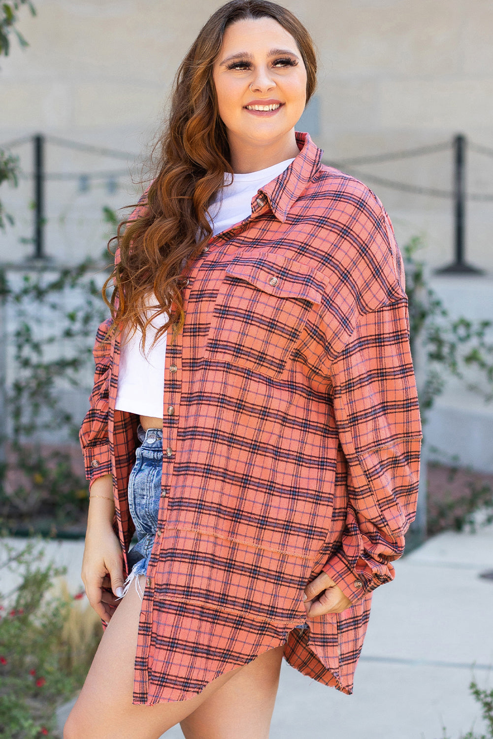 Red Plaid Long Sleeeve Side Split Distressed Hem Shirt