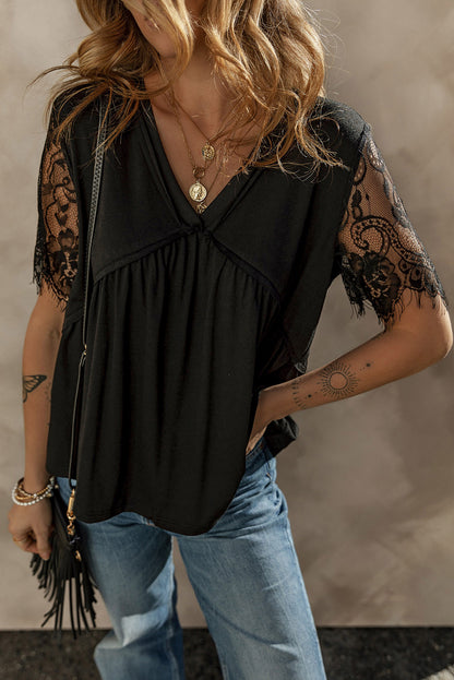 Black Eyelash Lace Sleeve V Neck Ruffle Babydoll Top