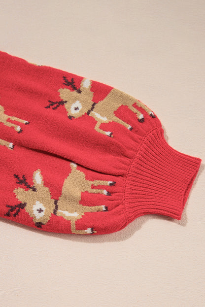 Dark Green Christmas Reindeer Pattern Drop Shoulder Sweater