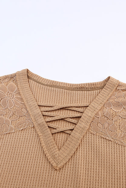 Apricot Lace Waffle Patchwork Strappy V Neck Long Sleeve Top