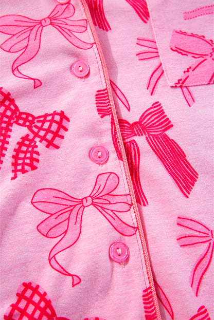 Pink Bow Knot Print Lapel Collar Short Sleeve and Pants Pajamas Set