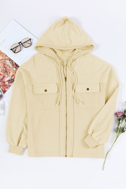 Apricot Flap Pocket Drawstring Hood Zip Up Jacket