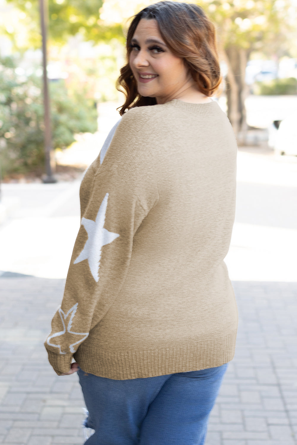 Khaki Star Pattern Drop Shoulder Plus Size Sweater