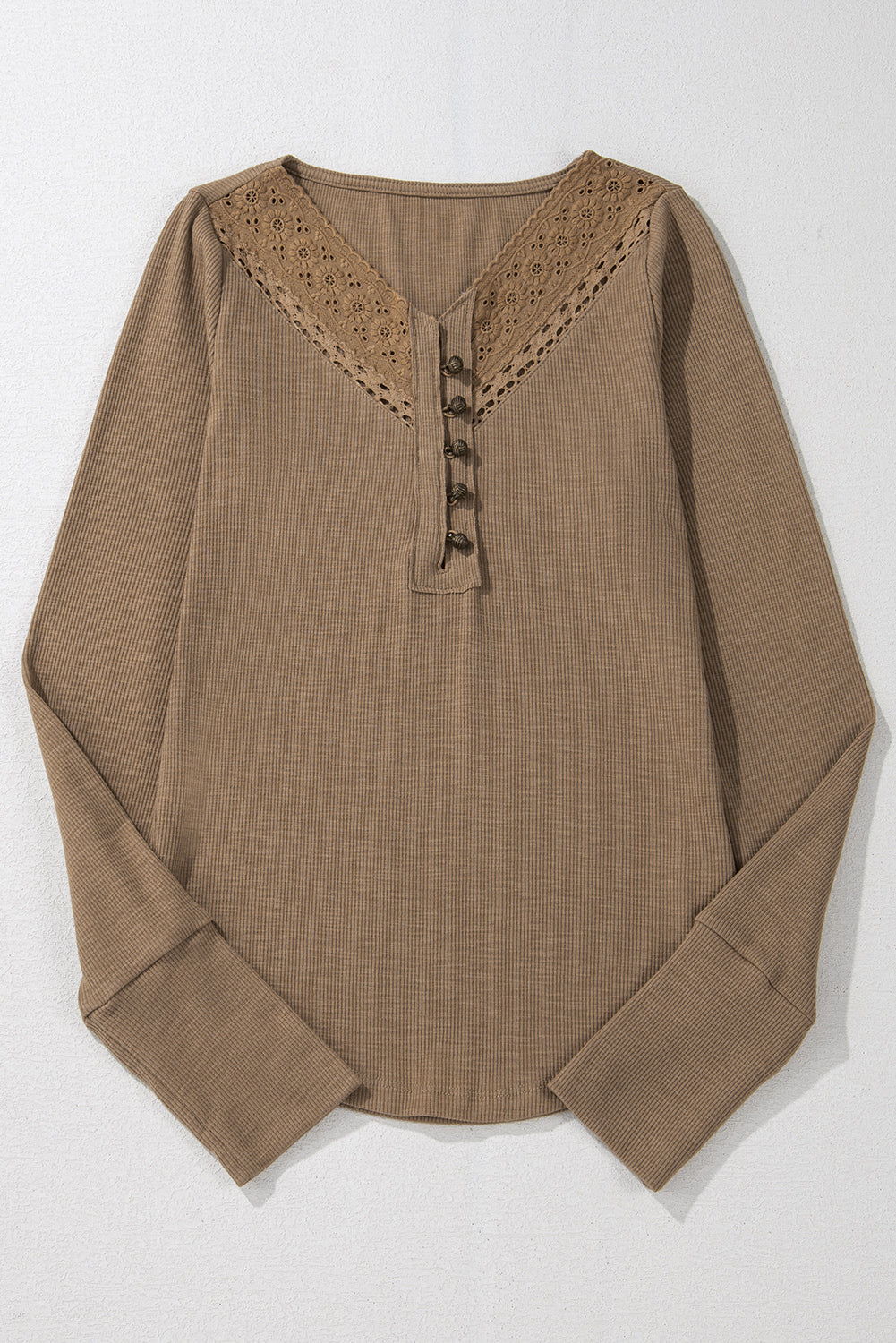 Chestnut Anglaise Broider Ribbed Long Sleeve Top