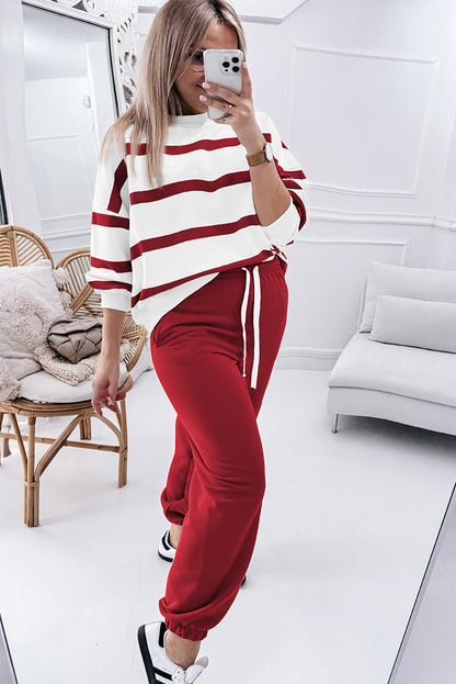 Brown Stripe Striped Drop Shoulder Pullover and Jogger Pants Set