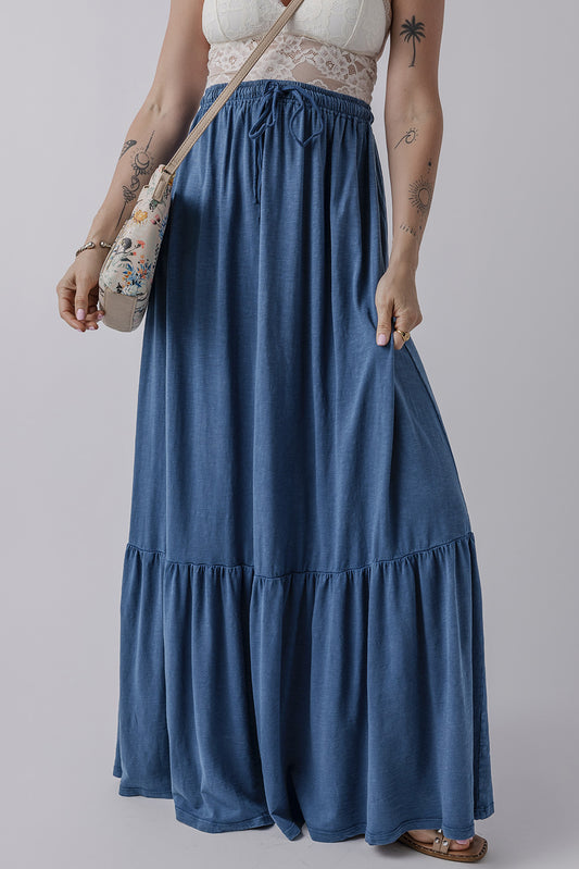 Sail Blue Solid Color Lace up High Waist Tiered Maxi Skirt