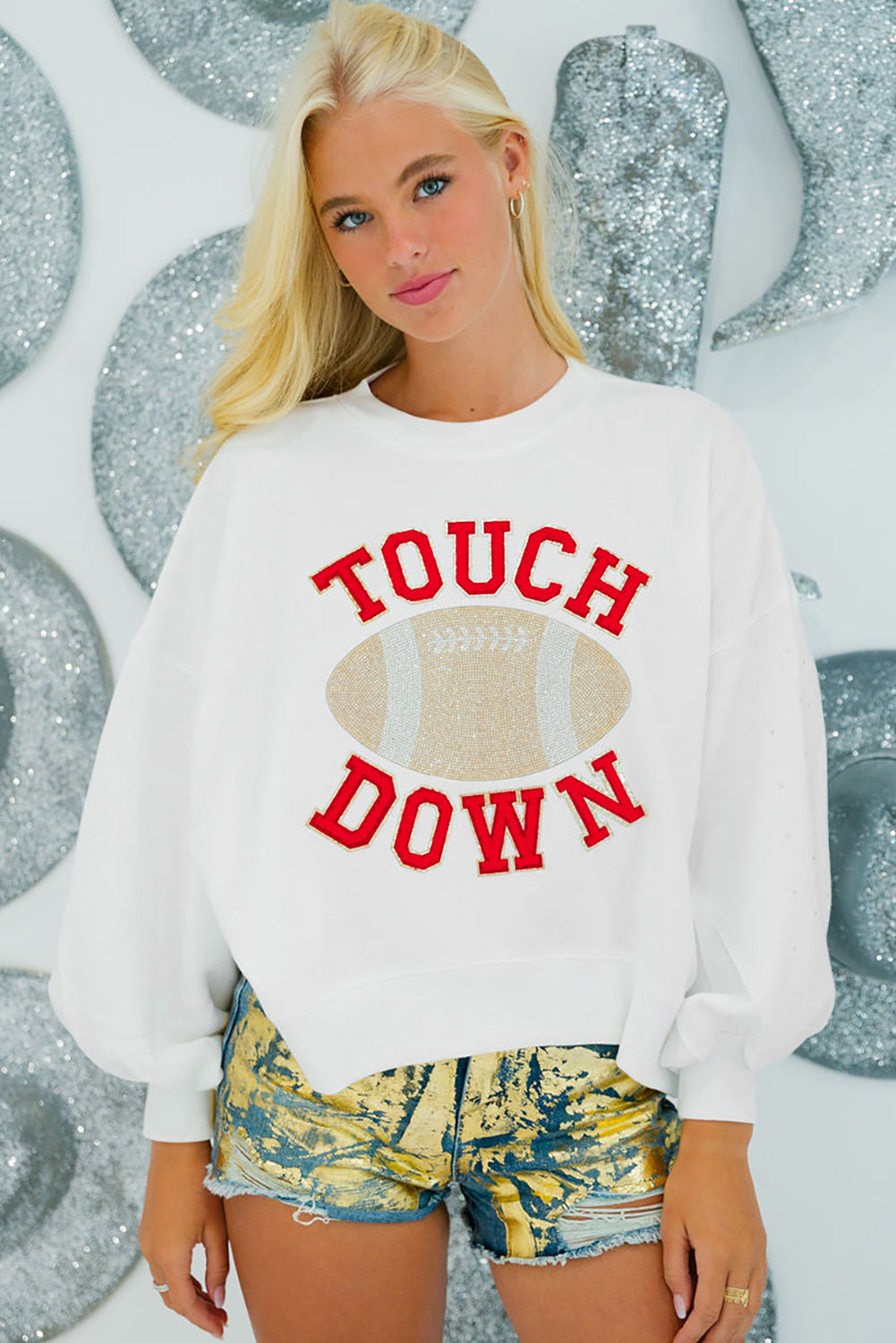 Fiery Red TOUCH DOWN Football Graphic Pullover Sweatshirt