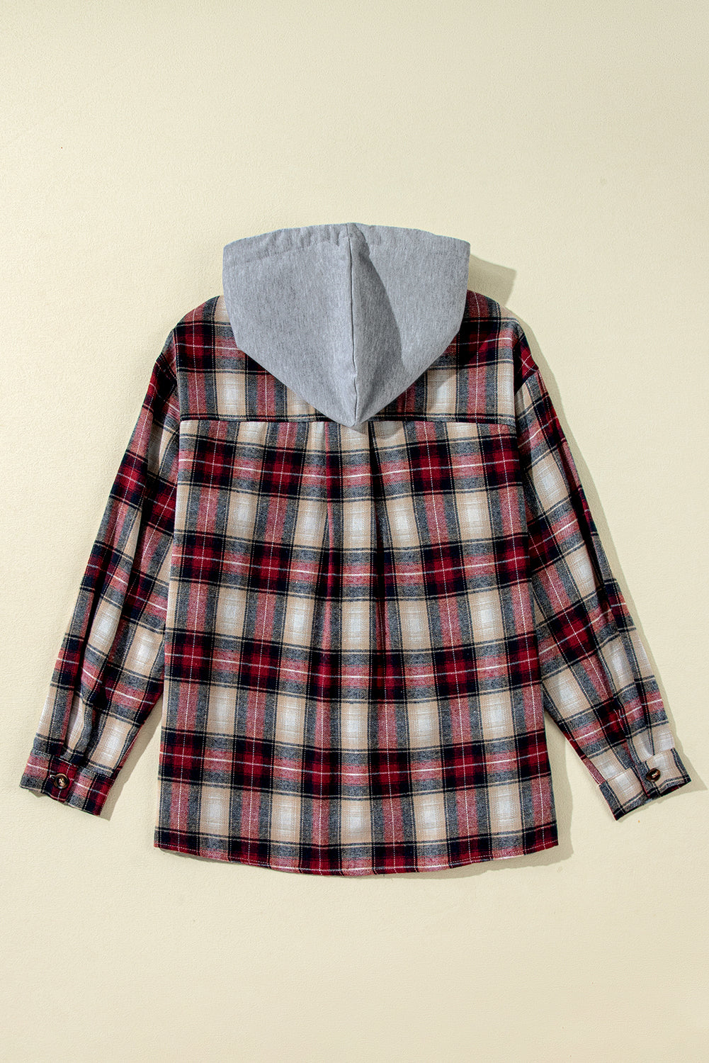 Red Plaid Print Chest Pocket Buttoned Hooded Shacket