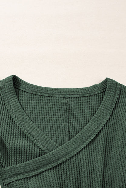 Blackish Green Waffle Knit Slim Fit Wrap V Neck Bodysuit