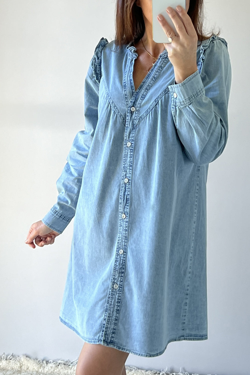 Myosotis Ruffled V Neck Buttoned Shift Denim Dress