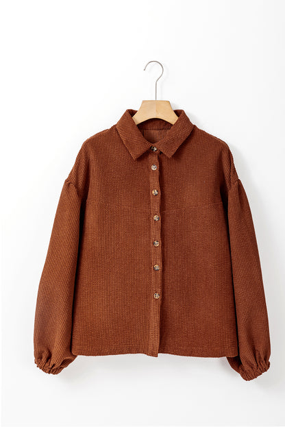 Coffee Textured Corduroy Puff Sleeve Shacket