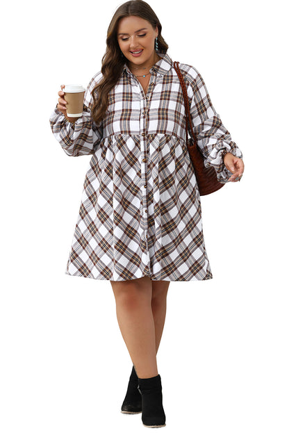 White Plaid Bubble Sleeve Flowy Shirt Dress