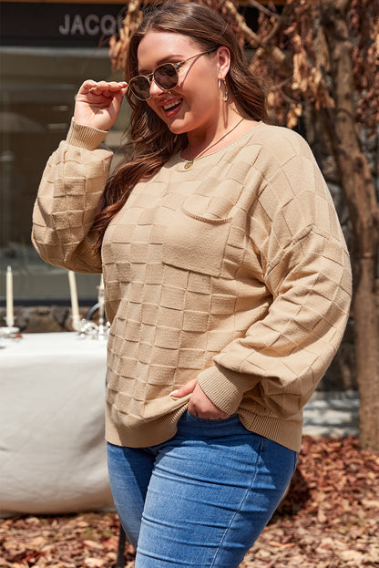 Light French Beige Solid Checkered Textured Knit Plus Size Sweater