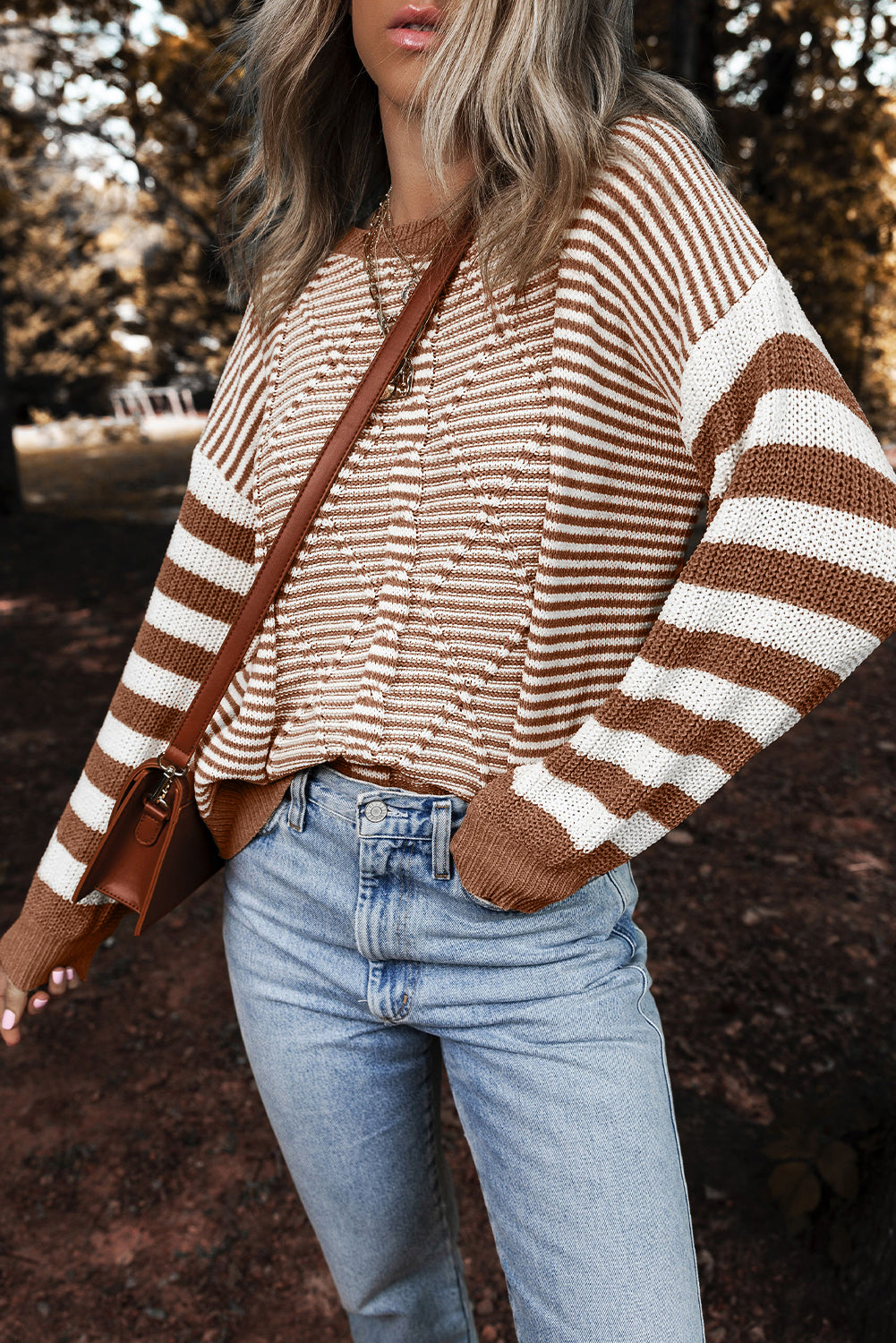 Brown Stripe Geometric Textured Drop Shoulder Sweater