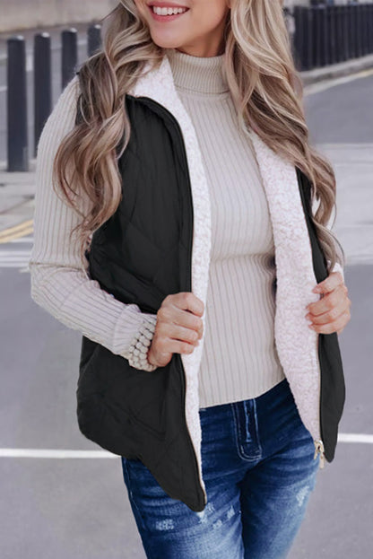 Black Fleece Lined Quilted Zip up Vest Coat