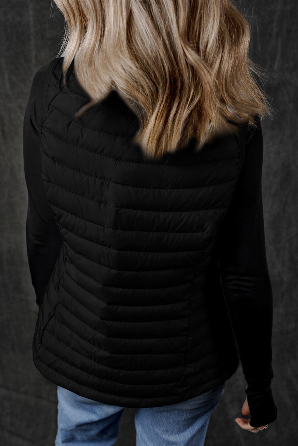 Black Plush Collared Quilted Zipped Puffer Vest