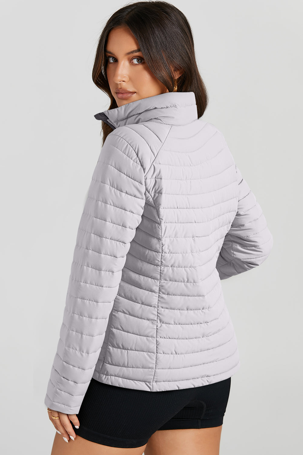 Silvery Solid Color Quilted Zip-up Puffer Jacket