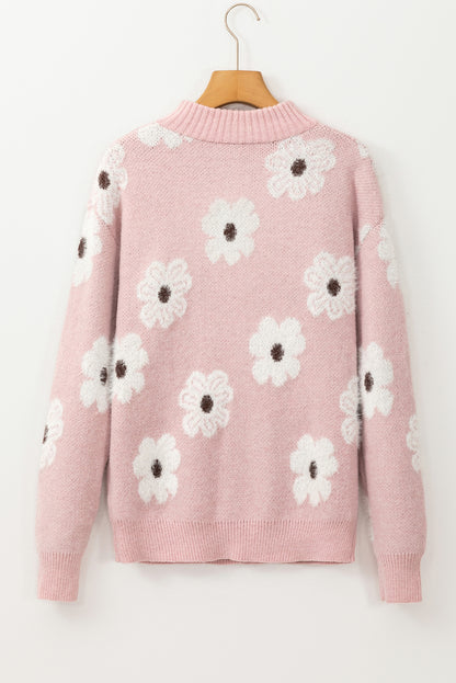 Pink Floral Pattern Half Zip Drop Shoulder Sweater