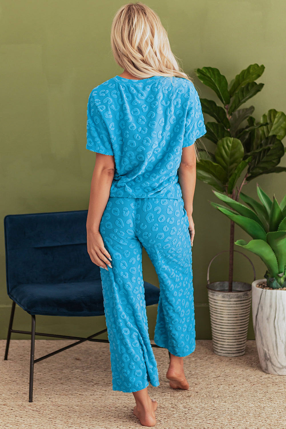 Blue Leopard Jacquard Short Sleeve Top and Wide Leg Pants Set